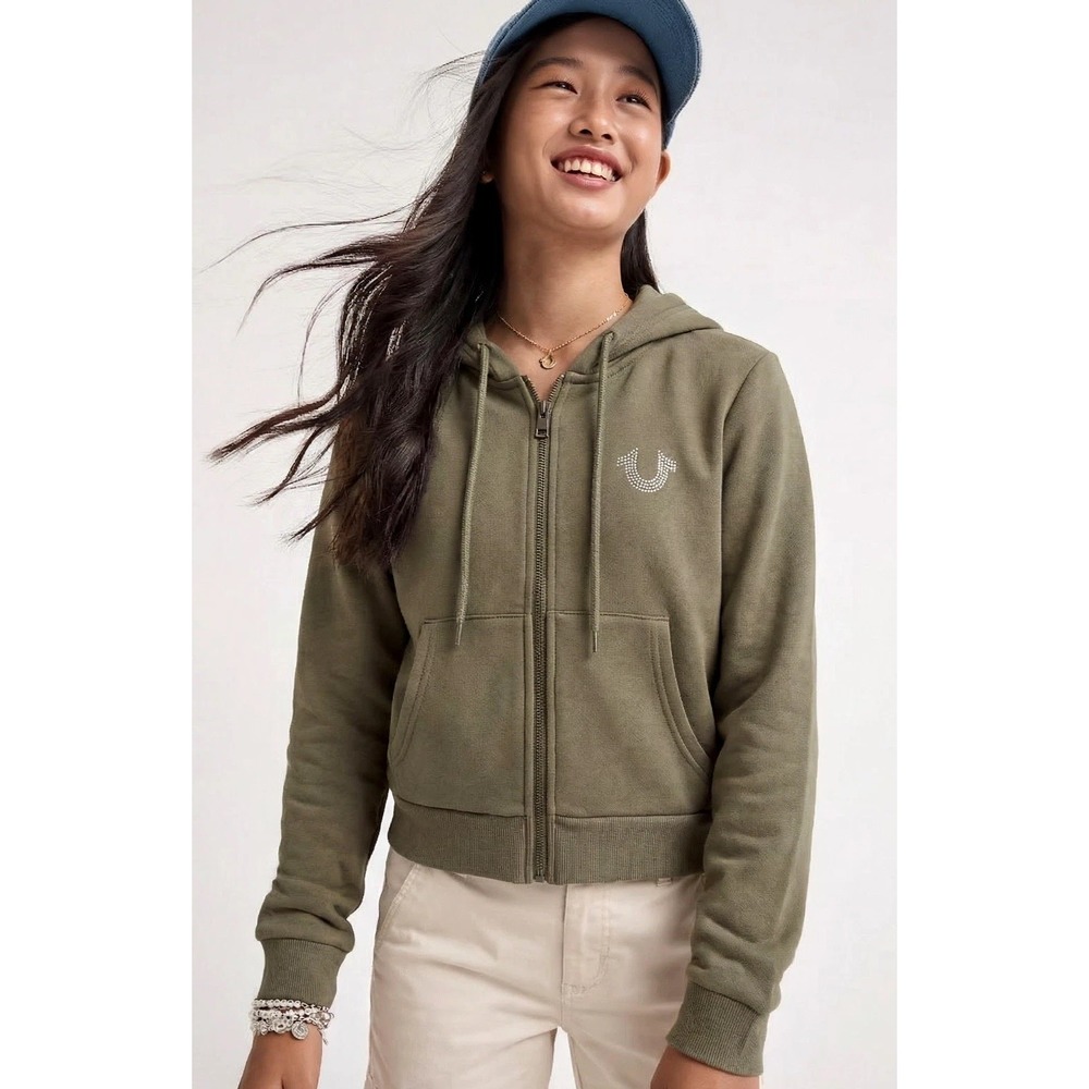 NWT True Religion Girls Olive Green Zip Hoodie Signature Logo LG MSRP $124